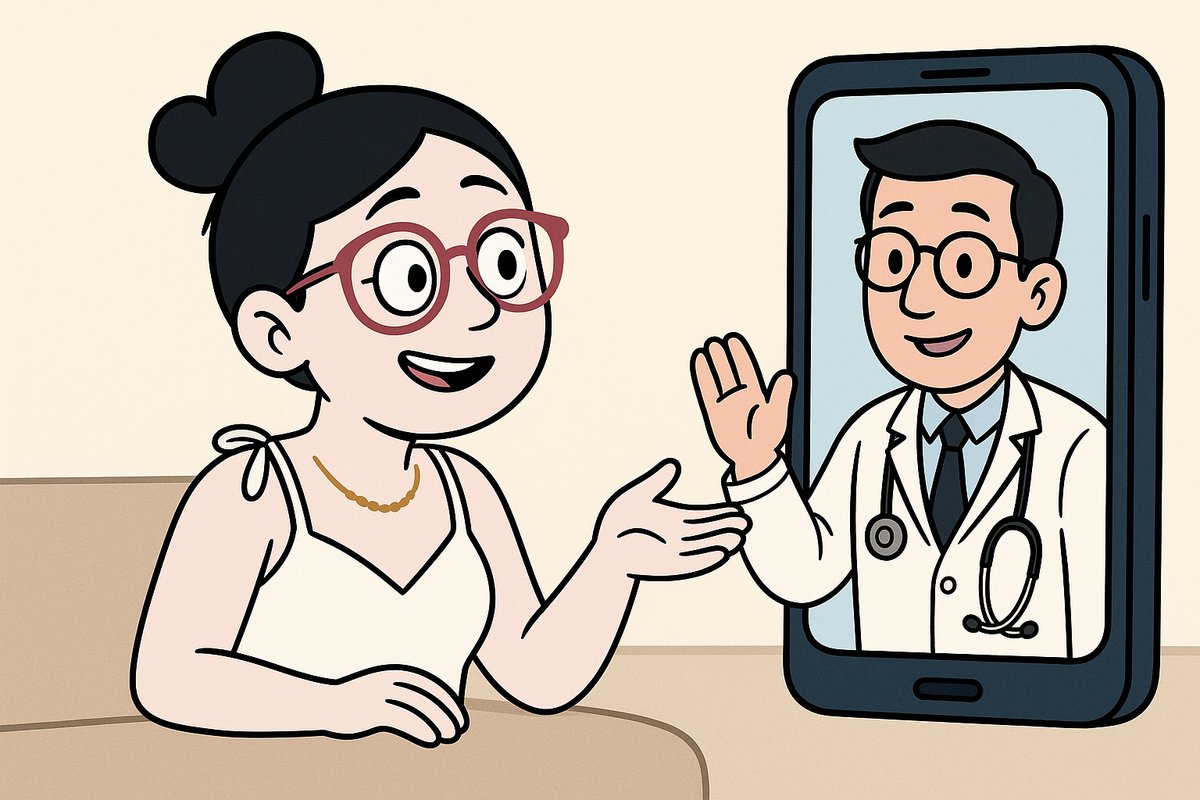 Cartoon of Katie smiling while making a phone call