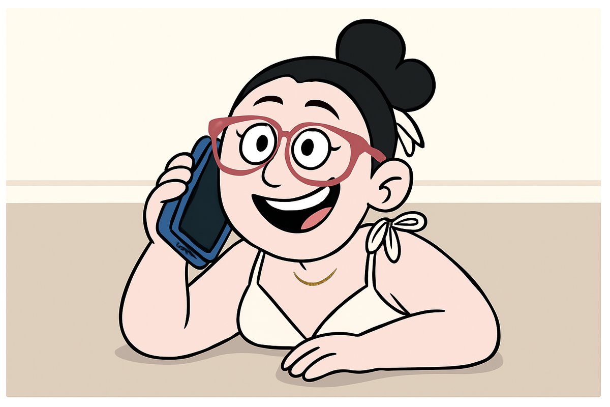 Cartoon of Katie chatting happily on the phone
